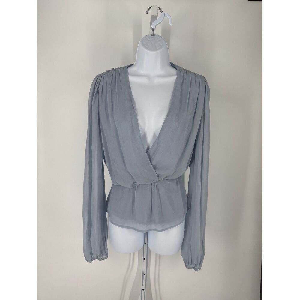Reformation Blue Wrap Blouse Sheer Long Sleeve Plunge Neck Peplum Top